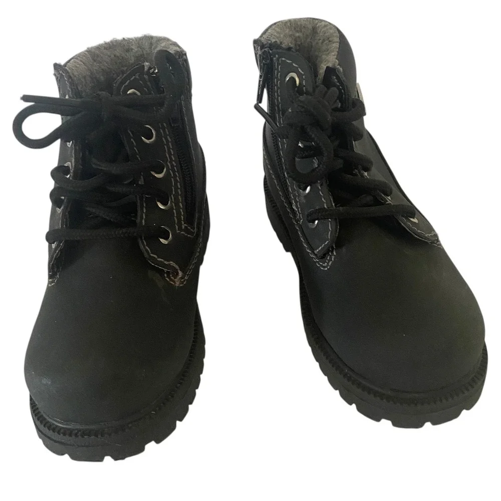 SmartFit‎ Kids Black Waterproof Winter Work Boots Side Zip Faux Fur Lined Size 9
